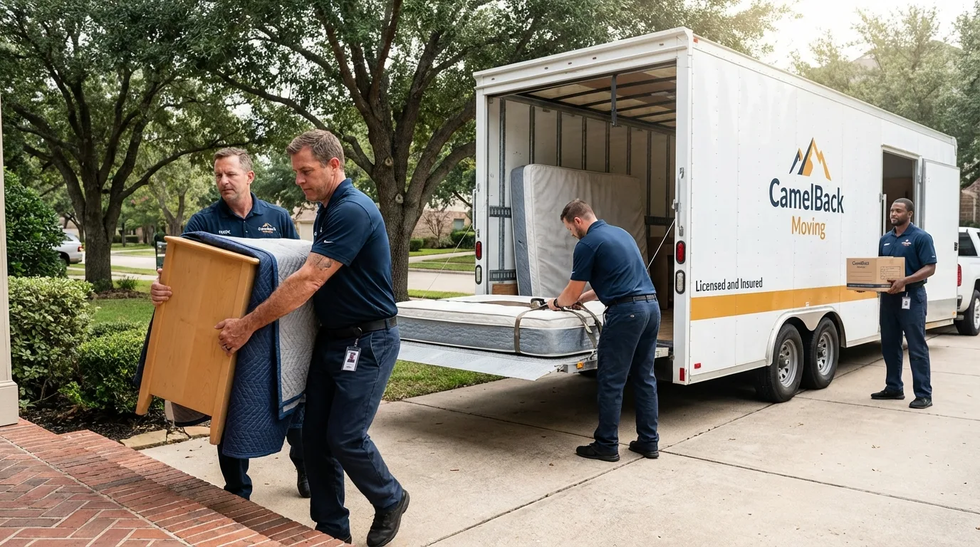 Crew loading residential truck for cross-state move from Coachella, CA