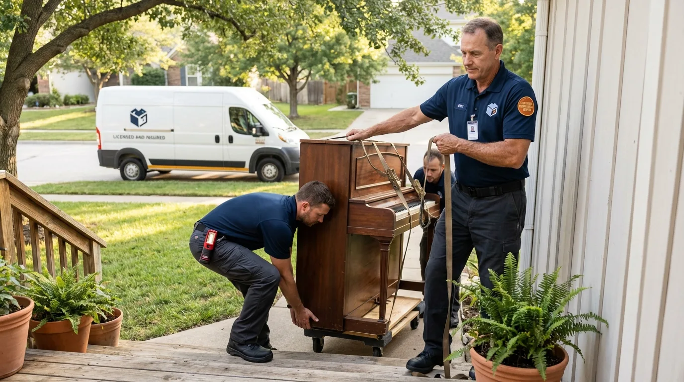 Licensed piano movers securing grand piano in Coachella, CA