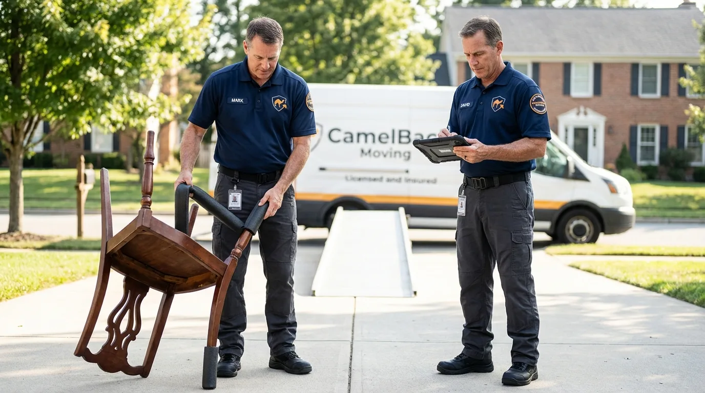 Movers inspecting furniture for damage prevention before loading in Coachella, CA