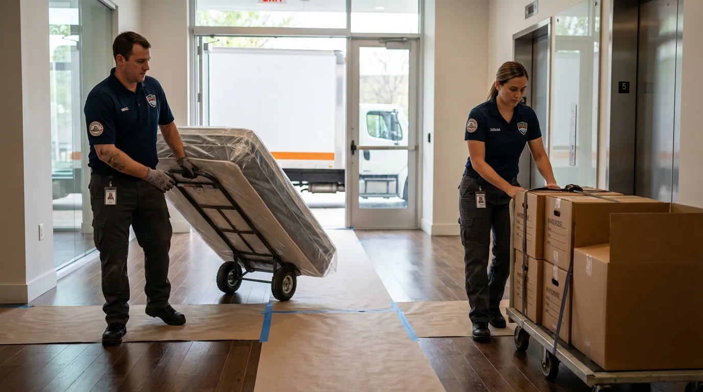 Professional apartment movers loading elevator in Coachella, CA