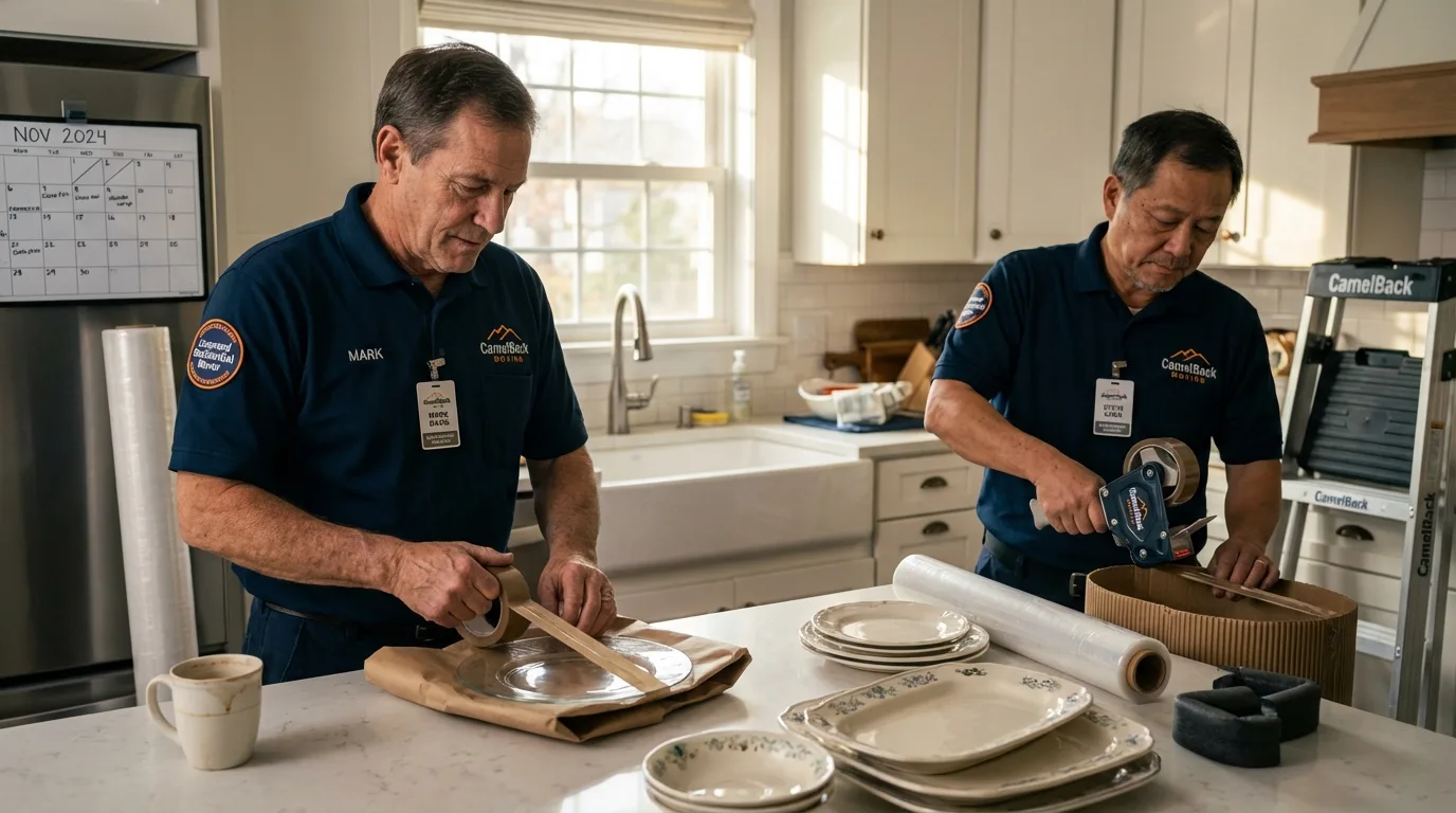 Professional crew packing kitchen dishware in Coachella, CA